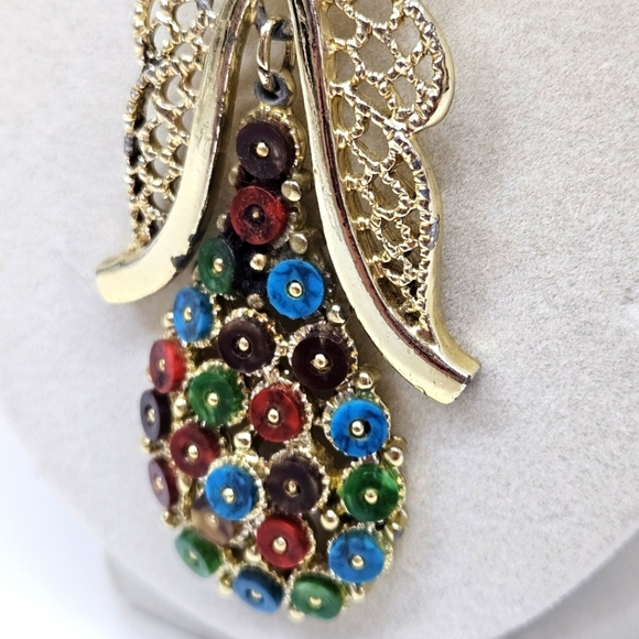 VINTAGE Unique Multicolor Pear Shaped Large Gold Tone Pendant Necklace - Picture 4 of 7